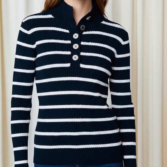 Lauren Ralph Lauren Buttoned Mock Neck Long Sleeve Striped Polo Sweater L Preppy - Picture 1 of 9